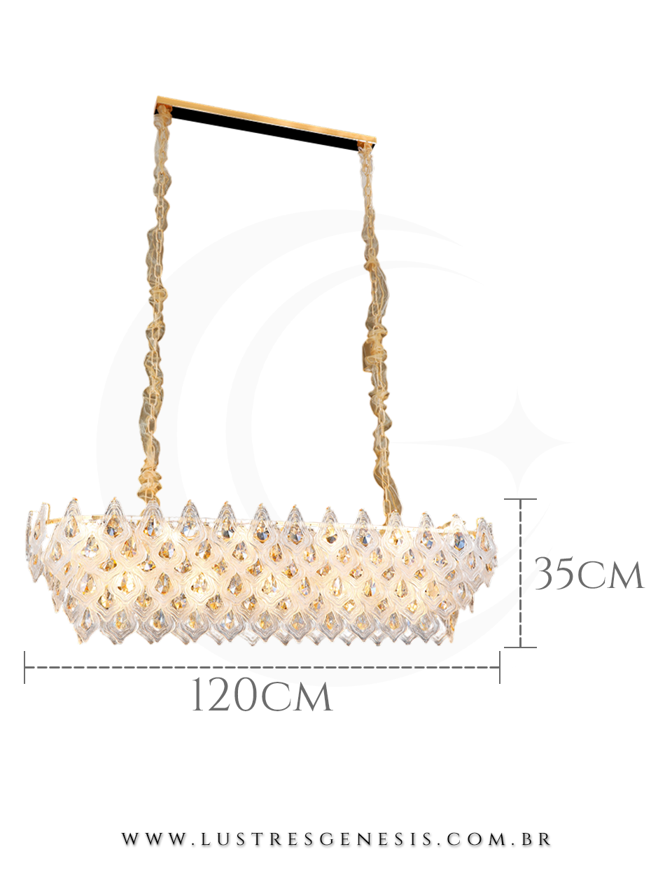 Lustre Moderno de Cristal Dourado 120x35cm Retangular, Sala de Jantar, Mesa Sala de Jantar, Sala de Estar, Quarto Casal, Suite Master